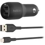 BELKIN Dual USB-A Car Charger w/ 1M PVC A-LTG, 24W, BLK